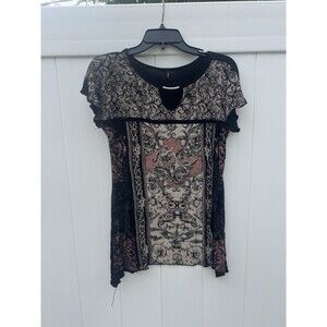 Skinny Minnie Black Top Sz Medium Boho Short Sleeve Rayon